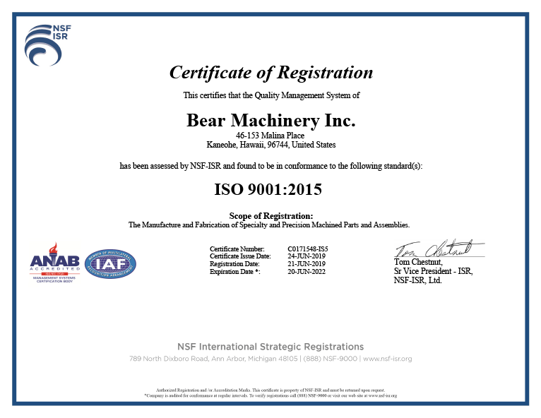 Bear Machinery Inc. Certificate