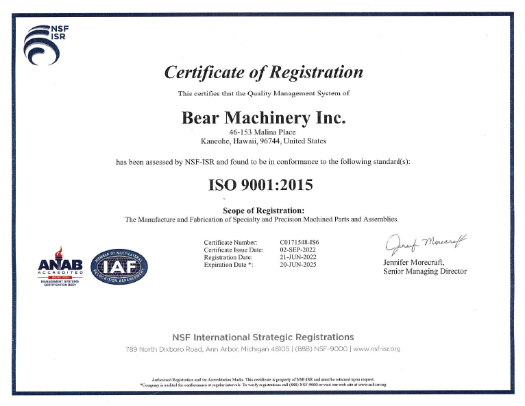 Bear Machinery Inc. Certificate